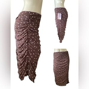 Bwear Brown Polka Dot Ruched Pencil Asymmetrical Skirt Women’s size L stretch